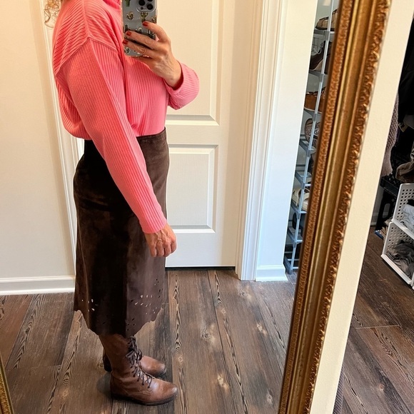 Brown Genuine Suede Leather Knee Length Lined Cutouts Skirt laser Size Medium - Picture 4 of 10